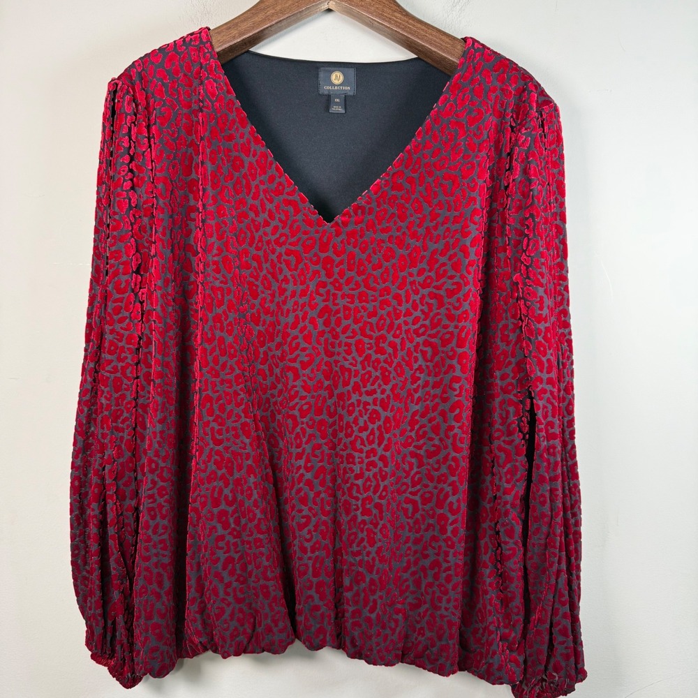 JM Collection NWT Red Leopard Velvet Burnout Long Sleeve Bubble Hem Blouse XXL